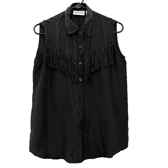 Croquet Clue Black 100% Silk Sleeveless Western Fringe Button Up Blouse Size M - Picture 1 of 7